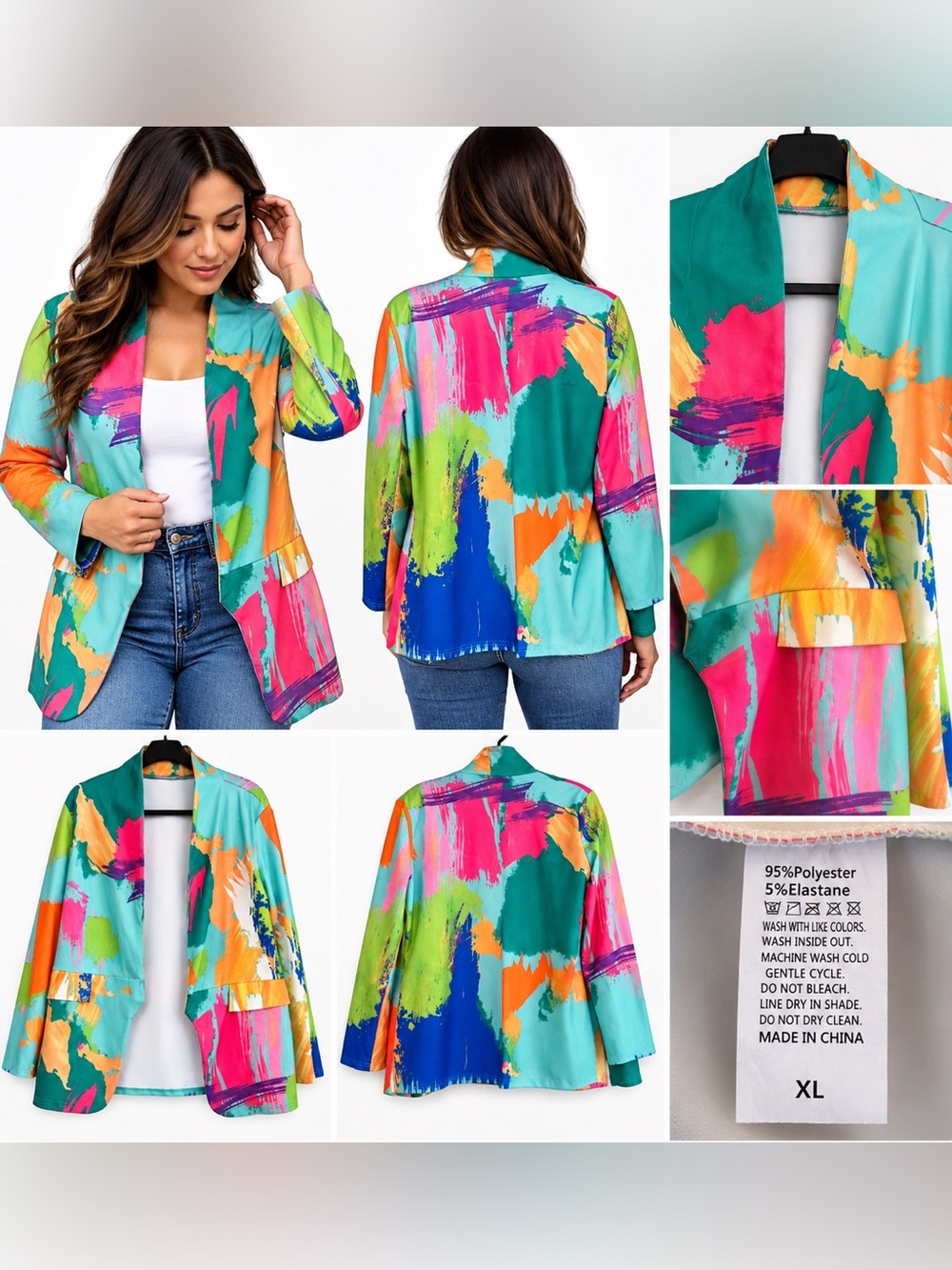Women’s Colorful Abstract Print Open Front Blazer Jacket XL